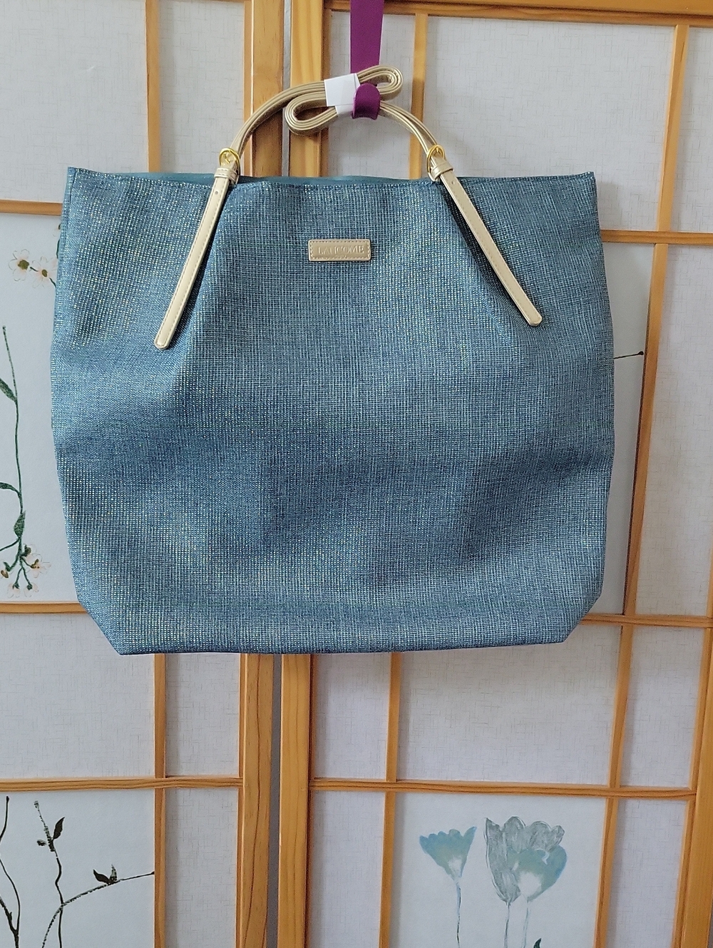 Lancome turquoise gold glitter tote